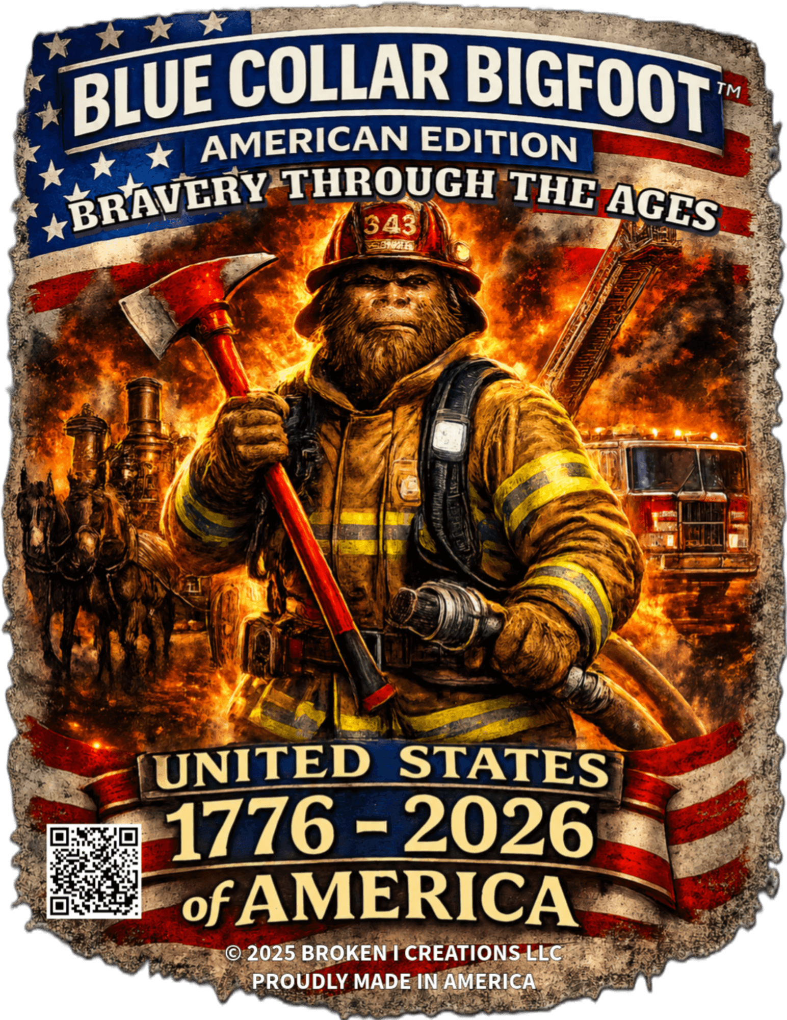 Blue Collar Bigfoot Bravery Through the Ages firefighter shirt design