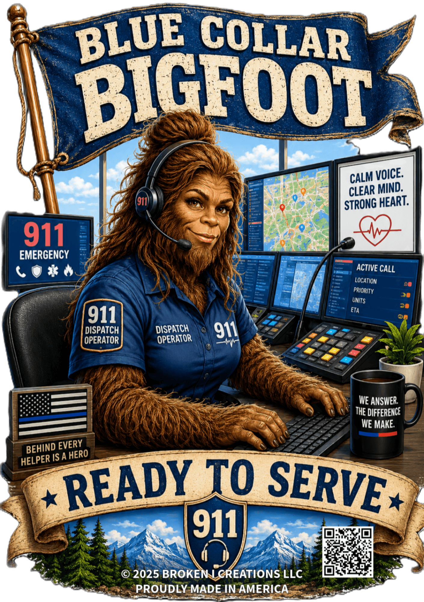Blue Collar Bigfoot EMS Dispatch Operator warrior shirt